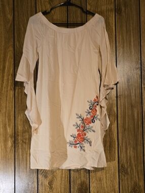 Potter's Pot Cream Off-Shoulder Tunic Dress with Red Floral Embroidery